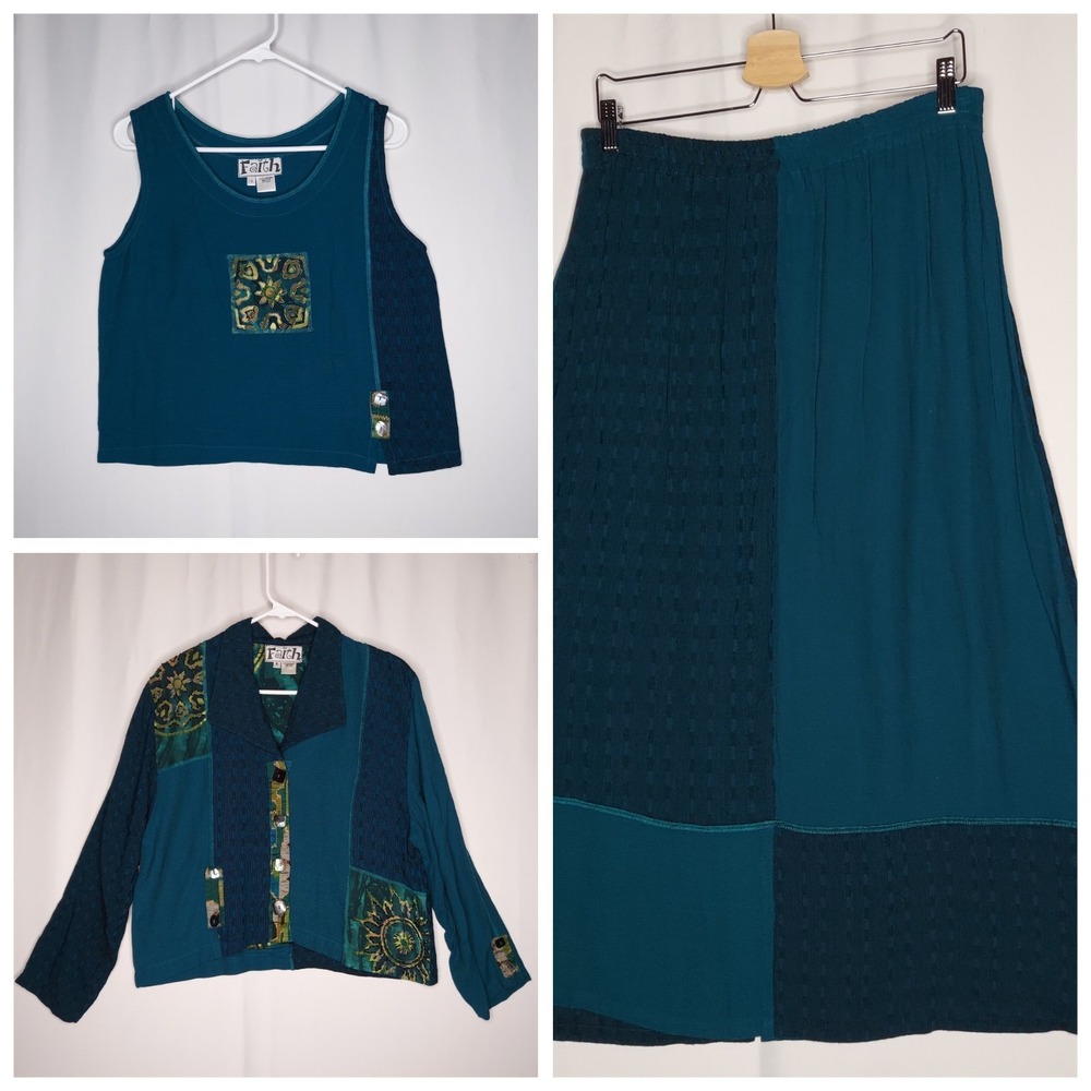 Faith Skirt Tank Top Set S/M Teal Patchwork Beaded Art Wear 90s Artsy Boho Maxi